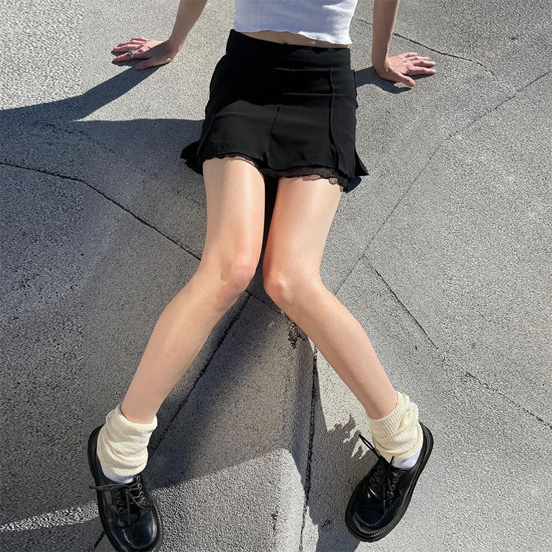 Low Waist Slit Stitching Mesh Gauze Double Elastic Skirt Female