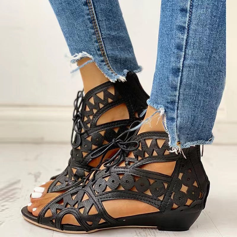 Low-Heel Lace-Up Fashion Cutout Sandals For Women