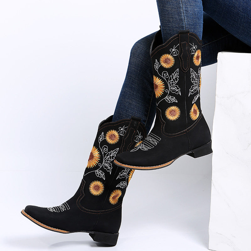 Sunflower Embroidery Cowboy Boots For Women - Low-Heel Western Boots