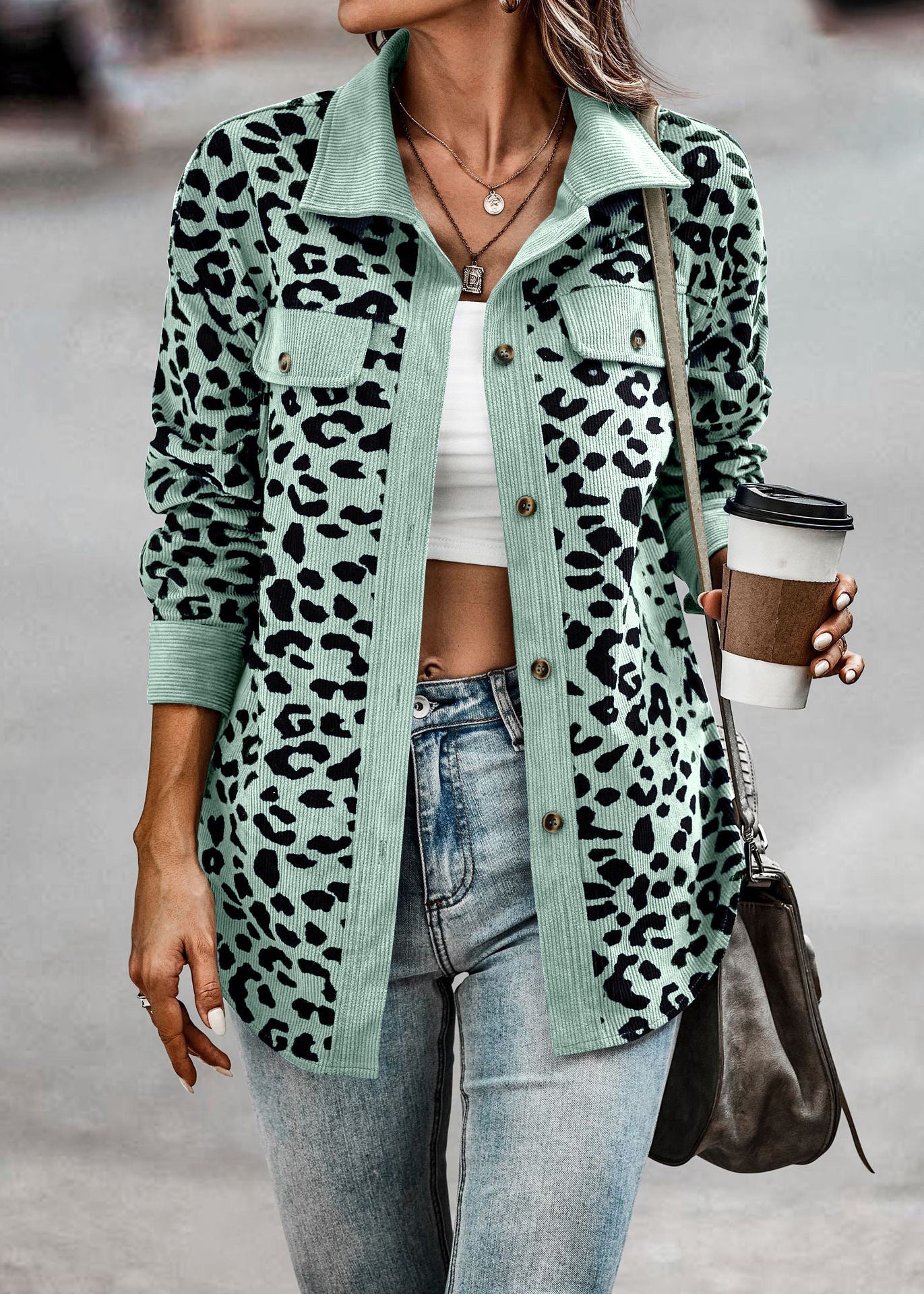 Leopard Print Corduroy Shirt Jacket