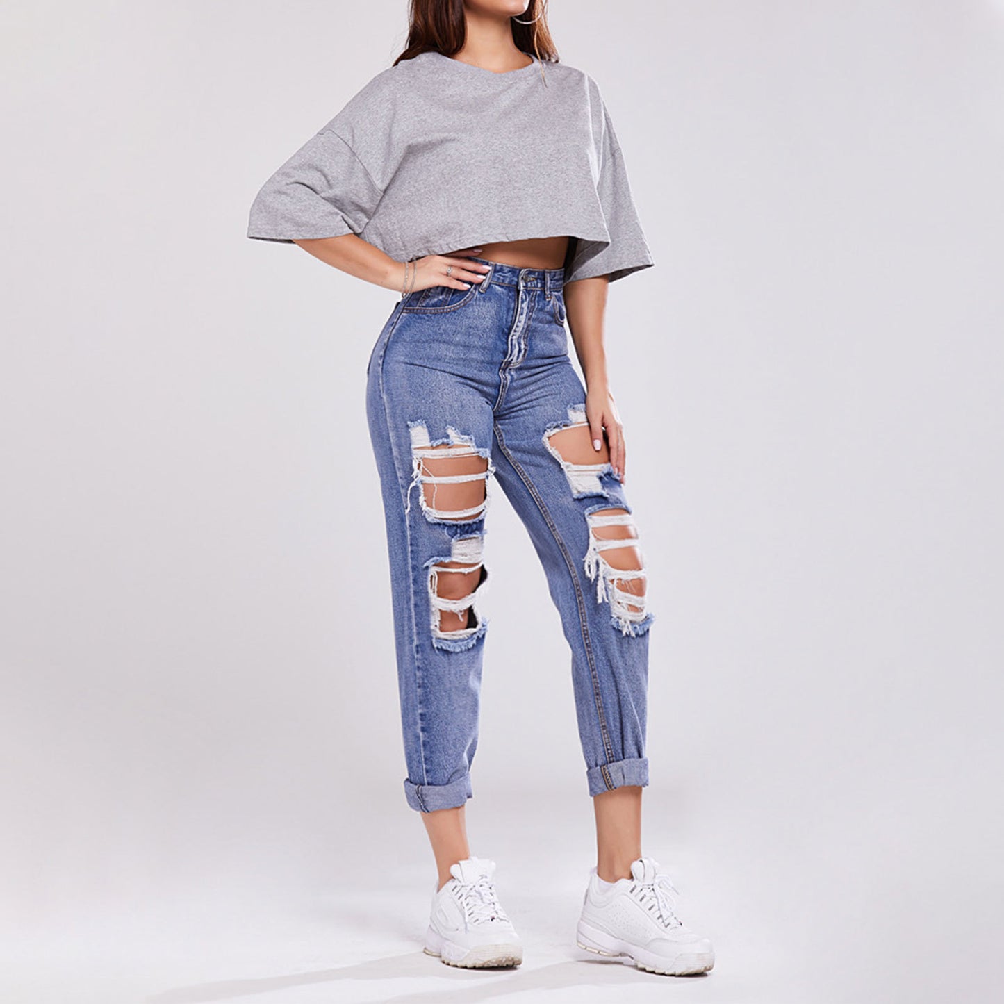 Ladies' High-Waisted Butt-Lifting Casual Straight-Leg Denim Trousers