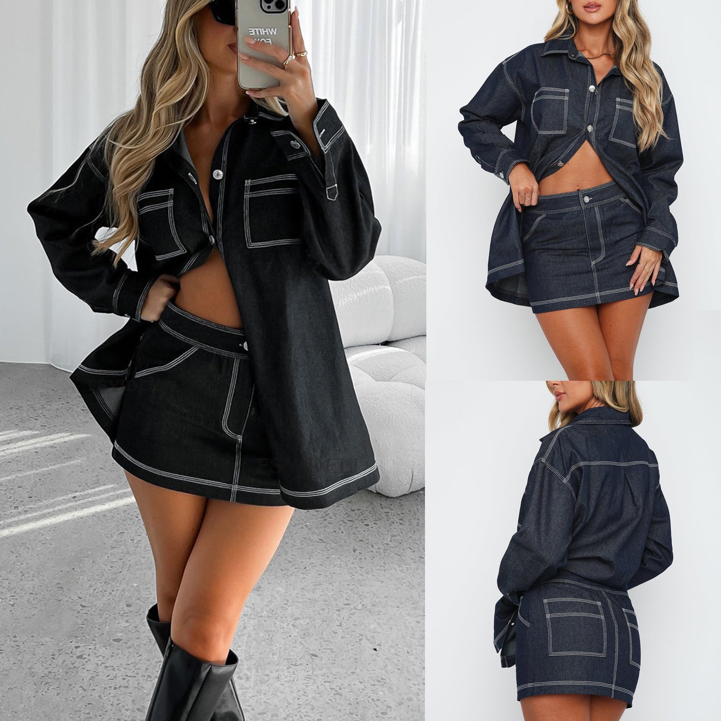 Retro Denim Shirt Jacket & Short Skirt Outfit