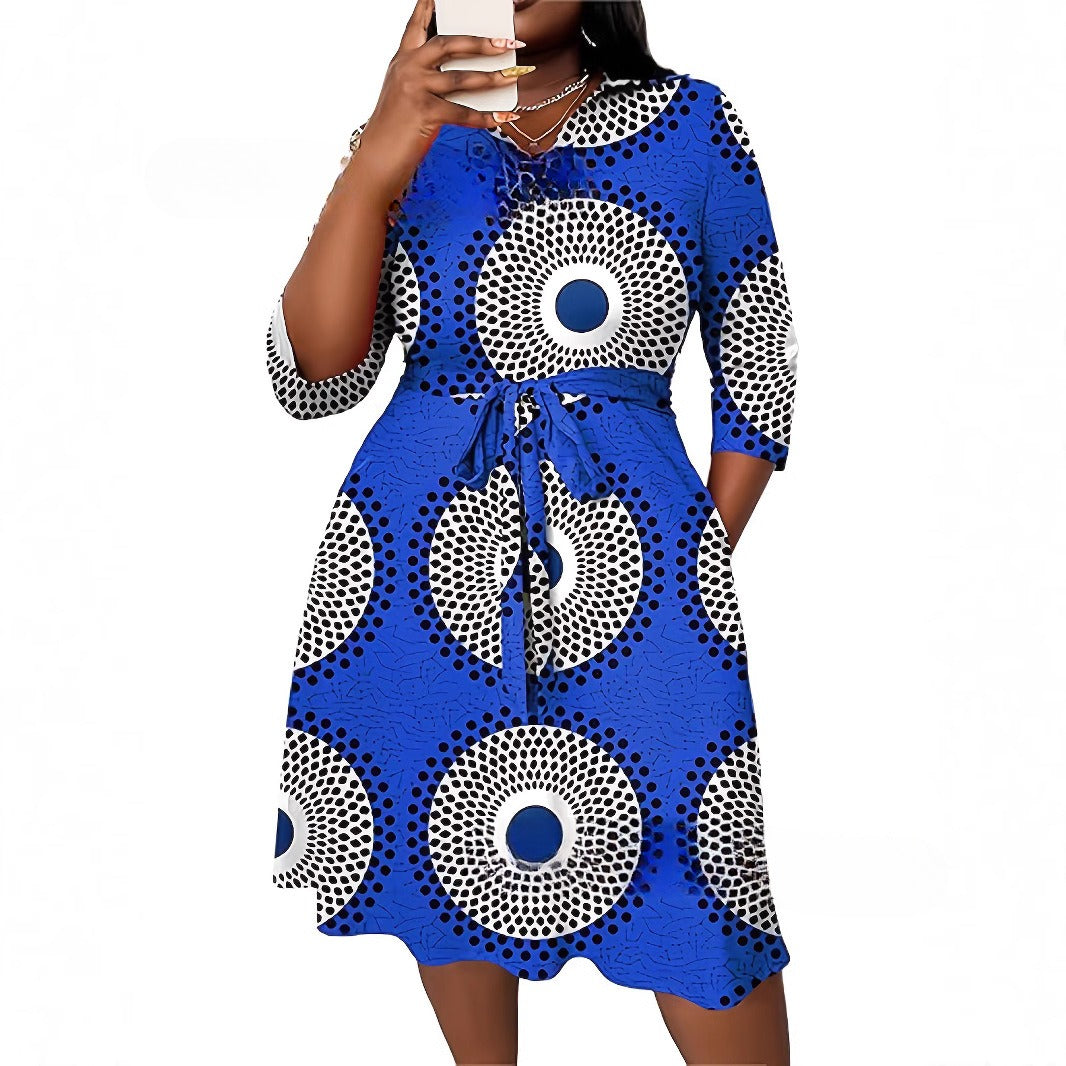 Print Casual Elegant V-Neck Midi Dress - Large Sizes