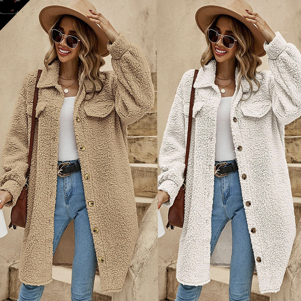 Open-Button Lapel Plush Loose Long-Cut Coat