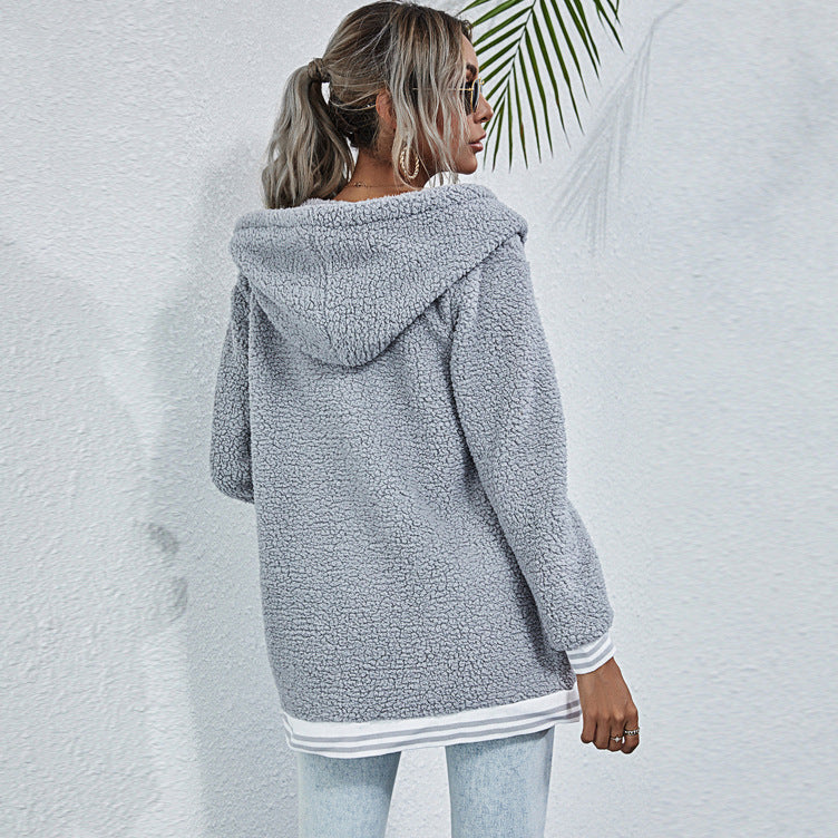 Striped Stitching Long-sleeved Hooded Pocket Plush Jacket Women
