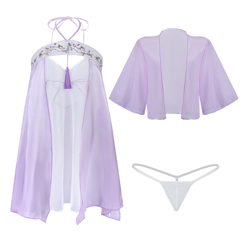 Embroidery Hollow Split Nightdress -3PC Set