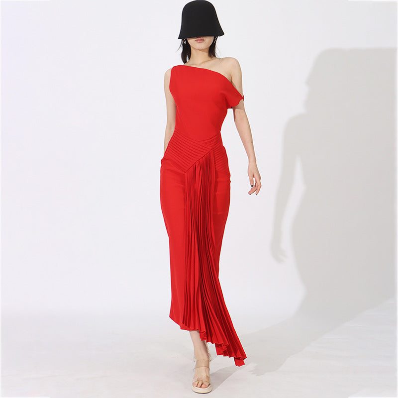 Summer New Shoulder Pleated Irregular Dinner Dress Women