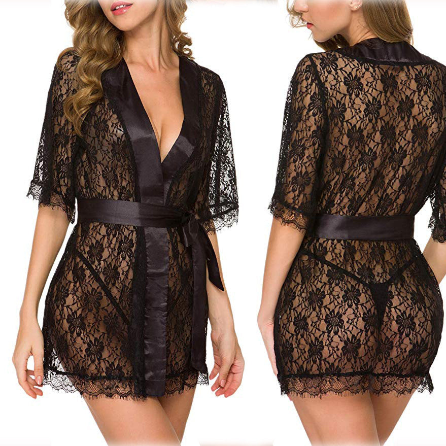 Women's Lace Hollow-Out Robe Suit Lingerie Pyjamas