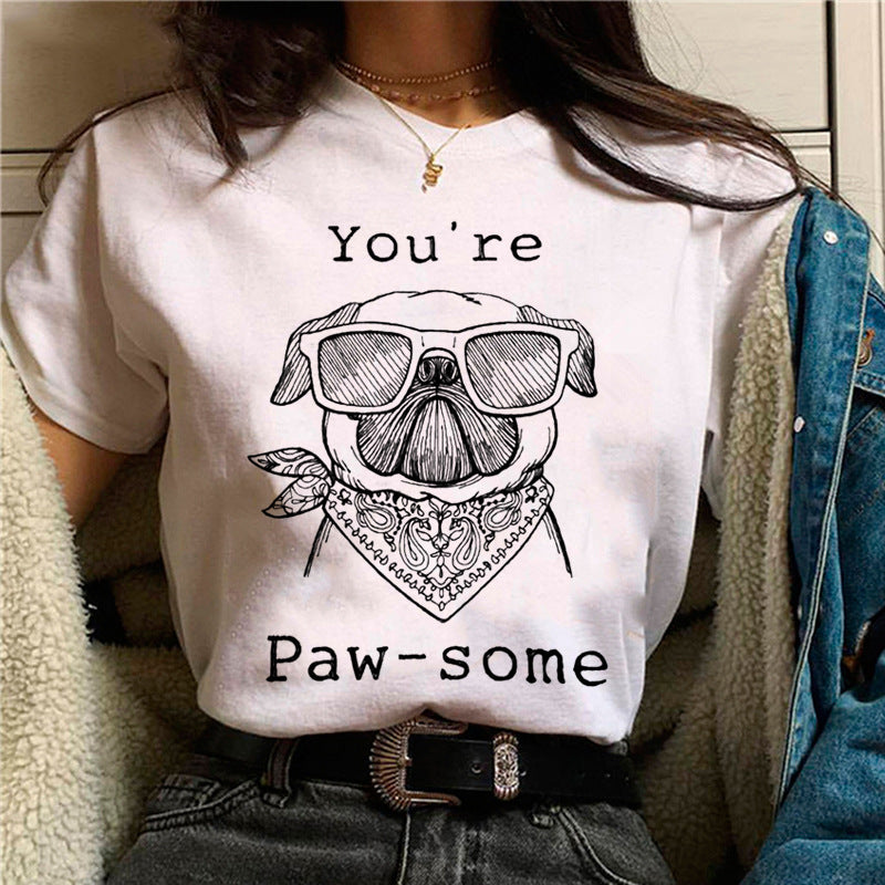 Pug Print Round-Neck Short-Sleeve Women's T-Shirt