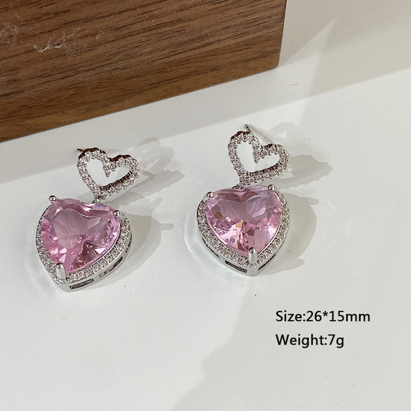 New Light Luxury Premium Feeling Pink Crystal Heart Earrings For Women