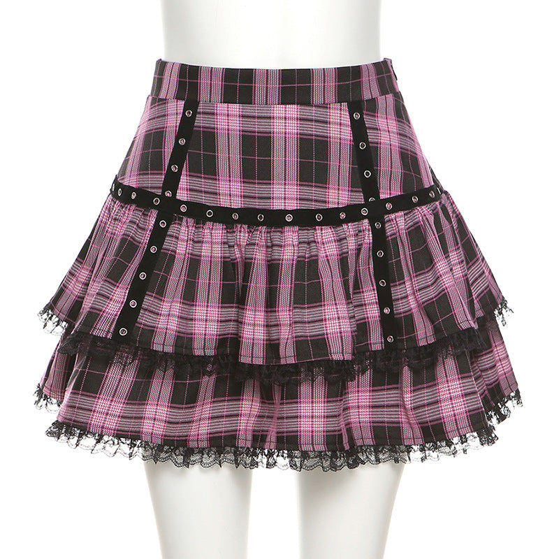 Casual High-Waist Plaid Lace Ruffle Skirt