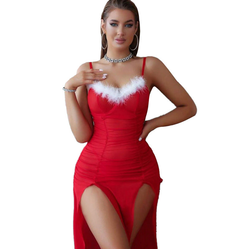 Christmas Ruffled Stitching Sling Dress