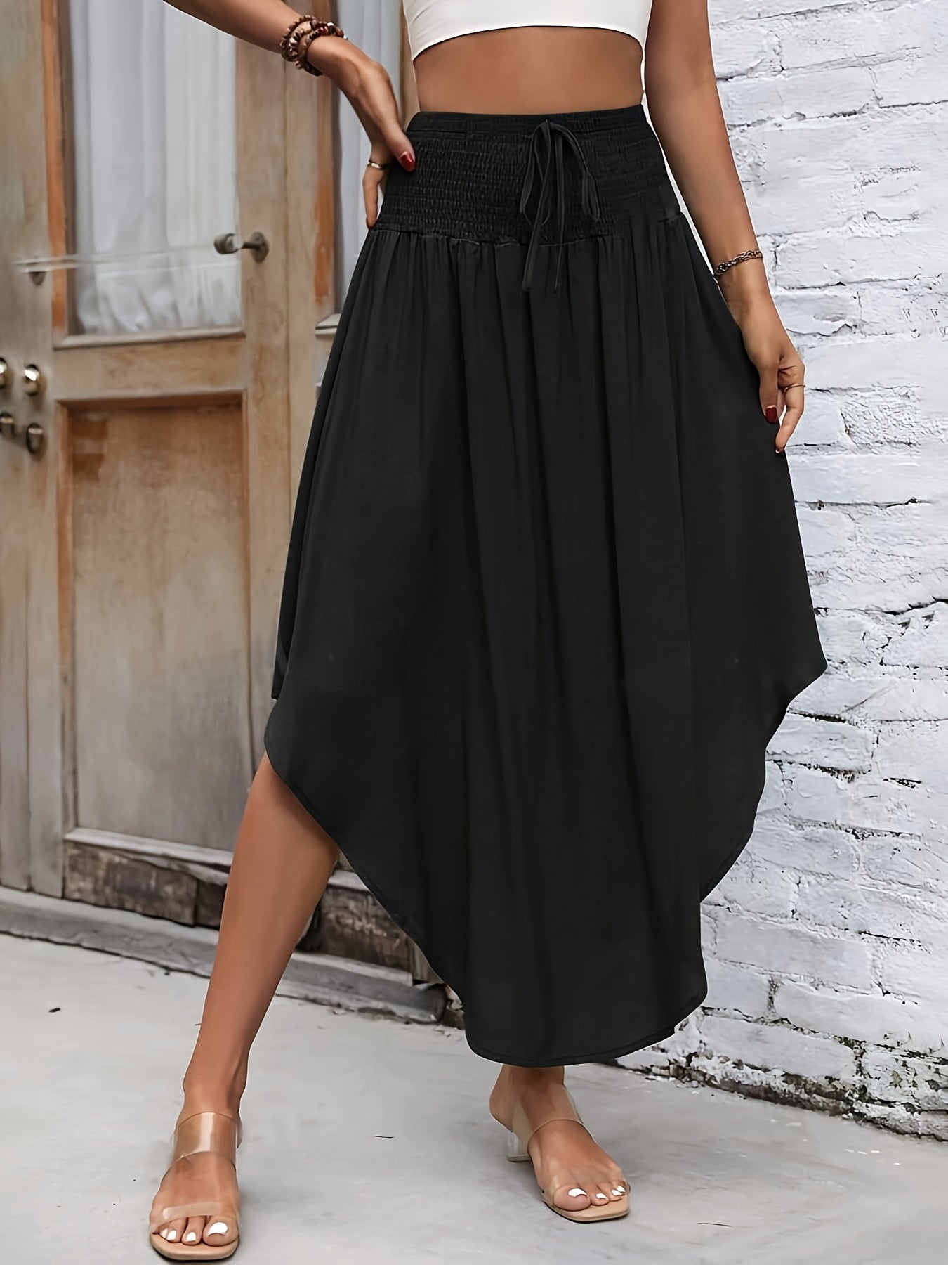 Asymmetrical Hem Shirred-Waist Skirt