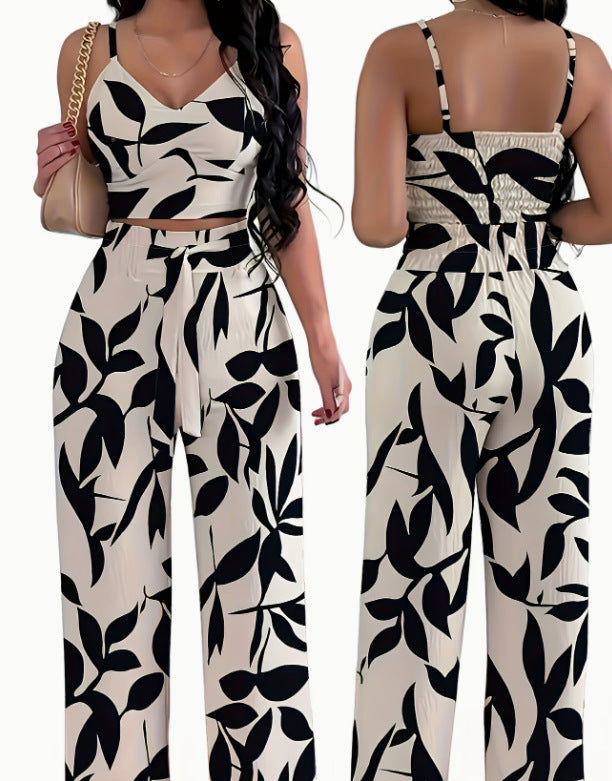 Sexy Backless Halter V-Neck Short Tank Top With Drawstring High-Waist Straight-Leg Pants