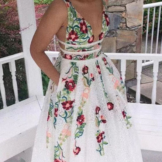 Backless Flower Decoration V-Neck Long Dress