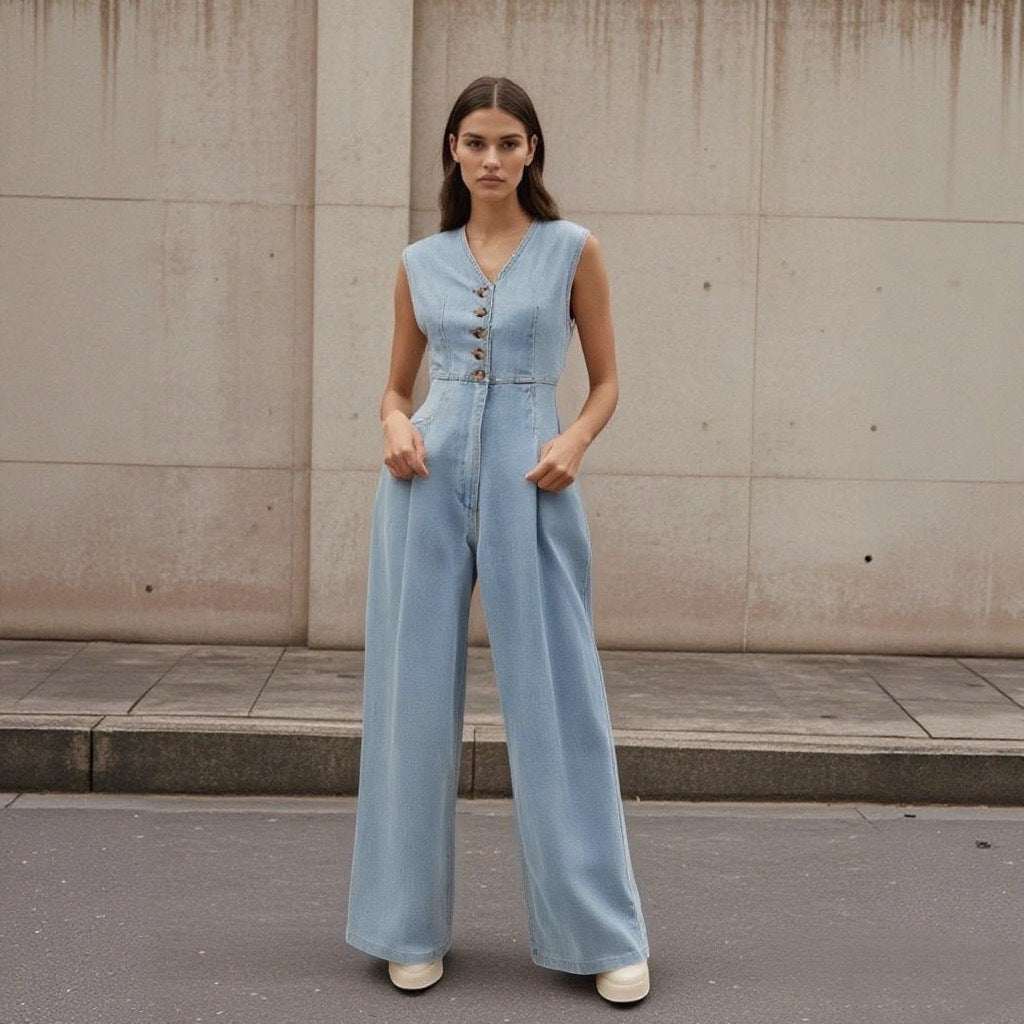 V-Neck Double-Breasted Sleeveless Wide-Leg Denim Jumpsuit