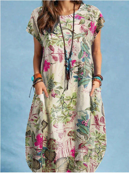 Women's New Fashion Cotton & Linen Plant Print Round-Neck Pocket Short-Sleeve Casual Dress