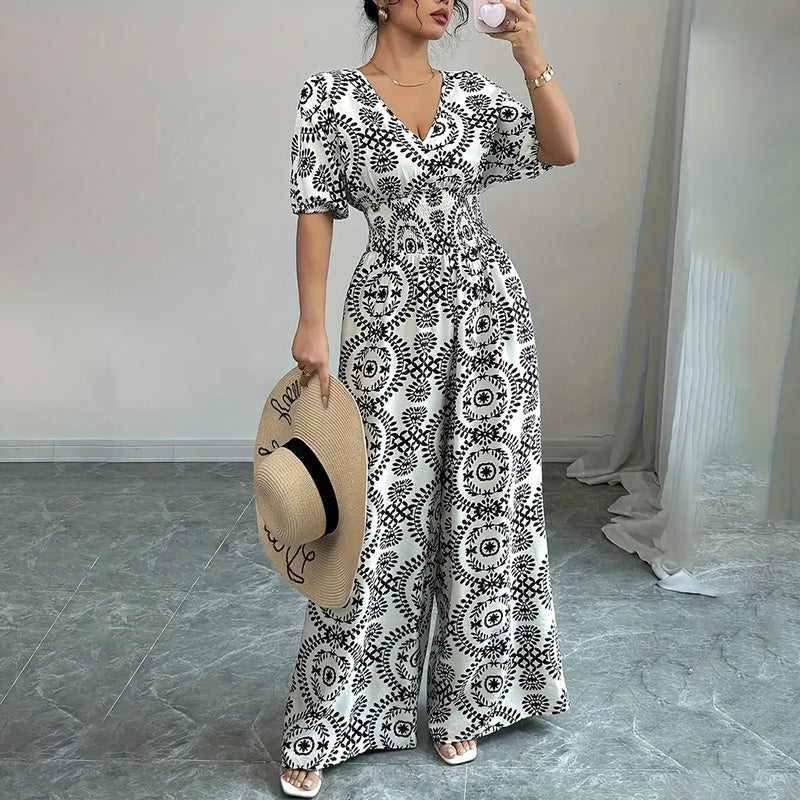 Short-Sleeve V-Neck Wide-Leg Pants Jumpsuit - US Only