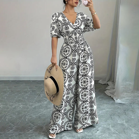 Short-Sleeve V-Neck Wide-Leg Pants Jumpsuit - US Only