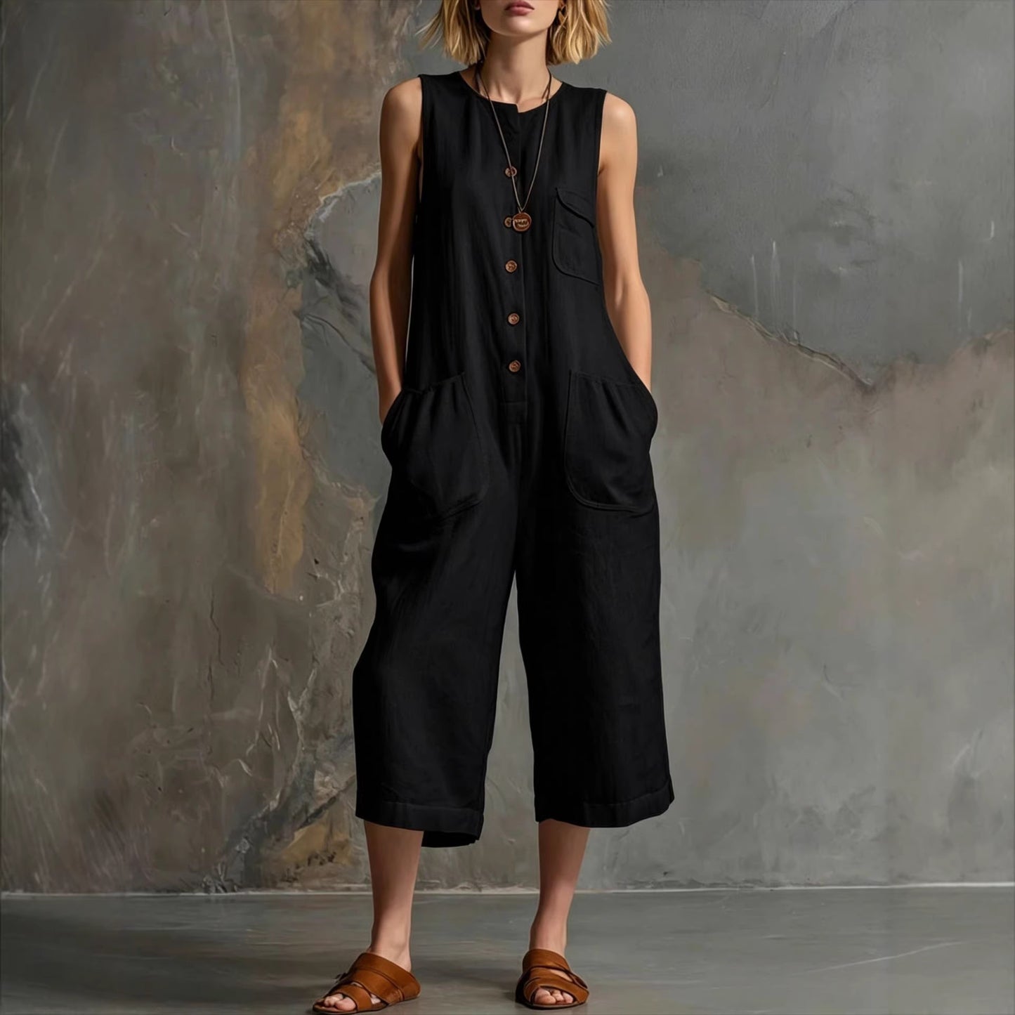Retro Sleeveless Cotton-Linen Wide-Leg Cropped Jumpsuit