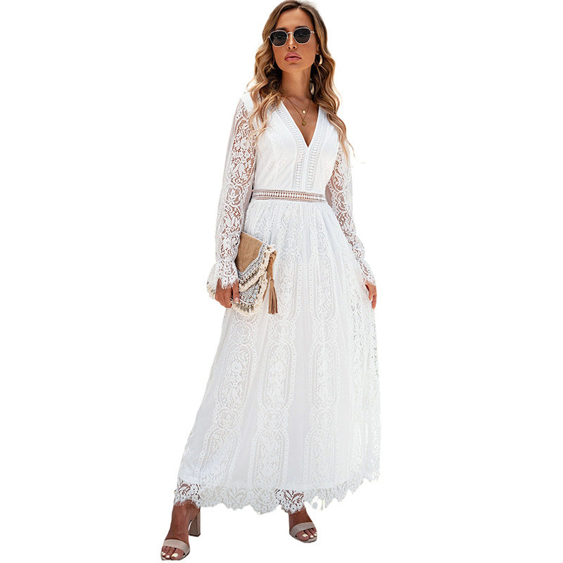 Lace V-Neck Cinched Waist Pullover Dress