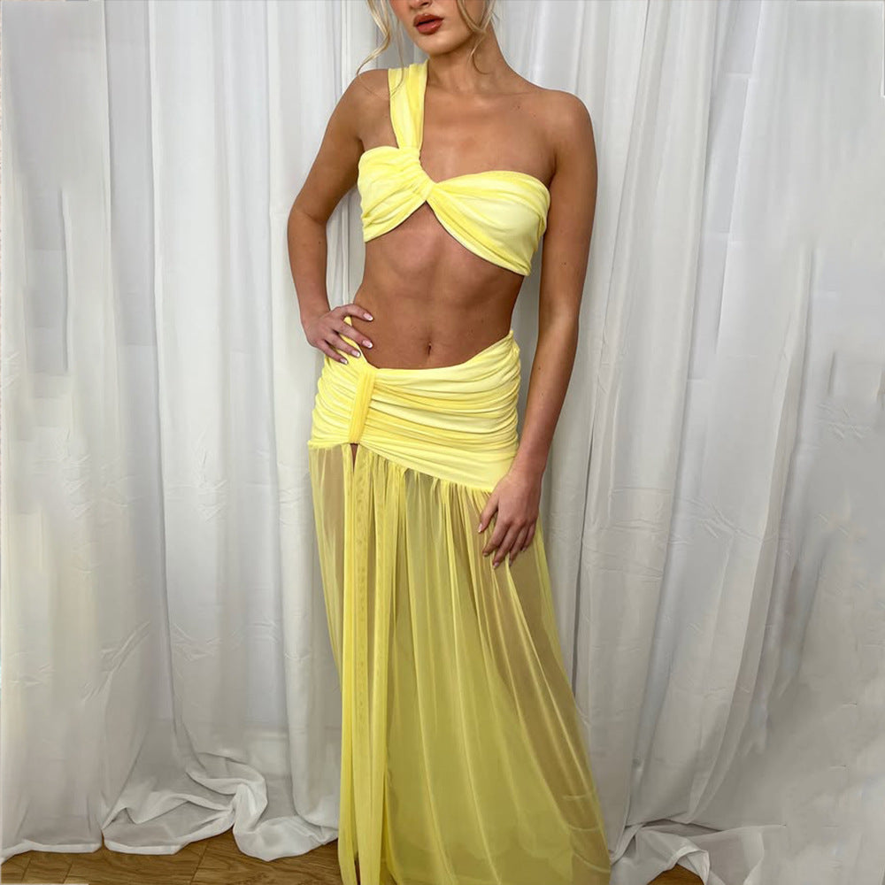 Mesh One-Shoulder Top Pleated Outfit