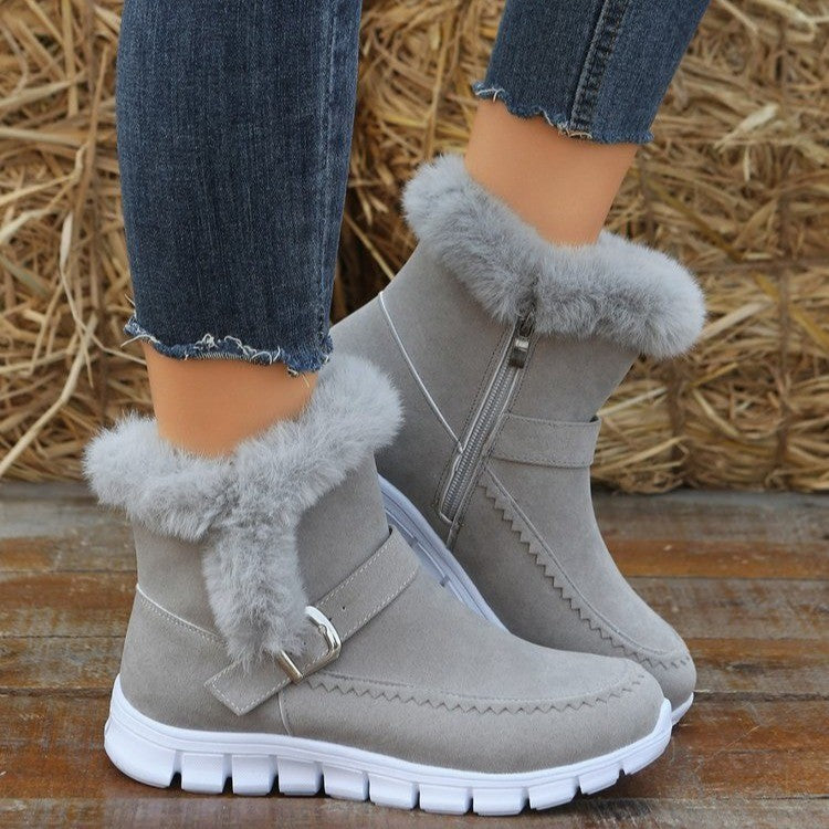 New*****!!!! -  Thickened Solid Colour Plush Ankle Snow Boots With Buckle Design