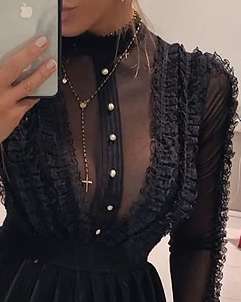 Black Mesh Lace Mini Dress