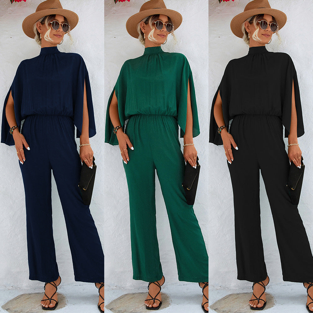 Stand-Collar Jumpsuit With Loose Split Long Sleeves