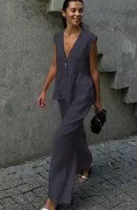 V-Neck Vest & Wide-Leg Pants Outfit