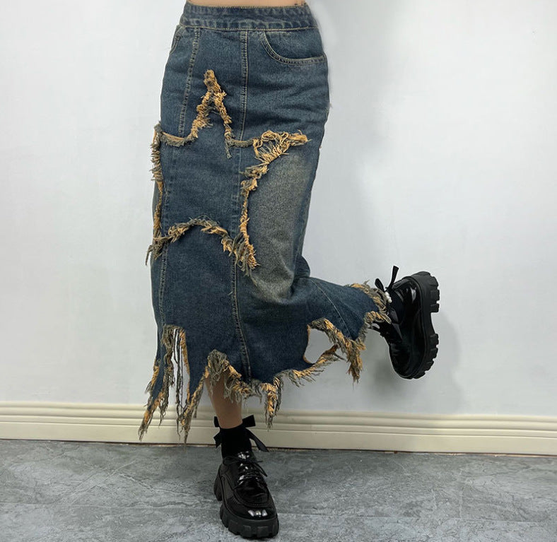 Retro High-Waist Irregular Denim Skirt