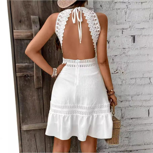 Hollow-Out Lace Stitched Backless Halter Lace-Up Mini Dress