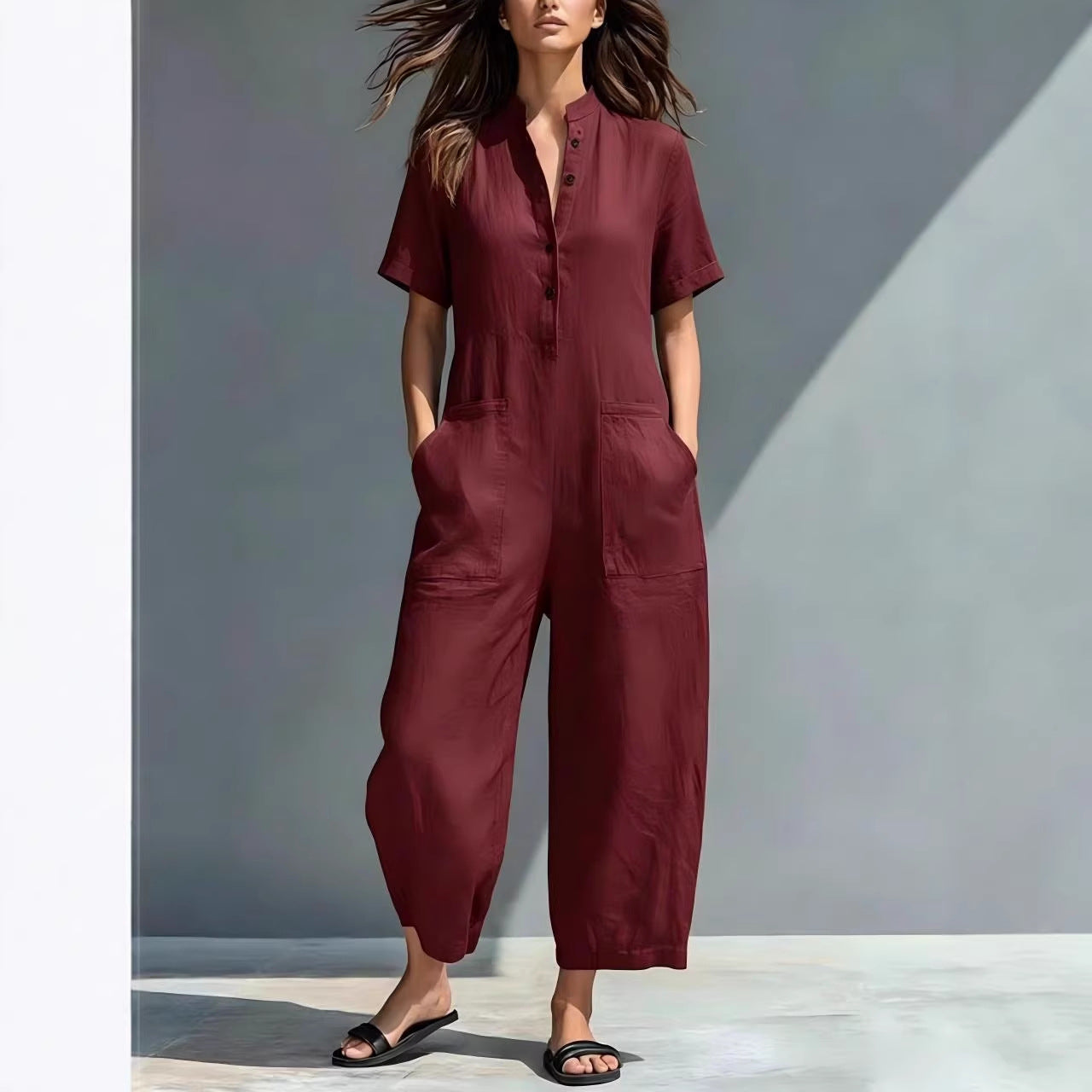 Simple Linen-blend Buttoned Stand Collar Short-sleeve Loose Jumpsuit