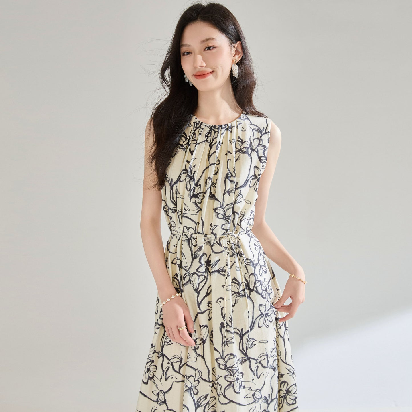Printed Loose Round Neck Vacation Style Sleeveless Dress