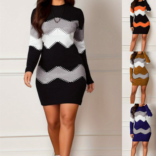 Long-Sleeve Printed Knitted Sheath Dress