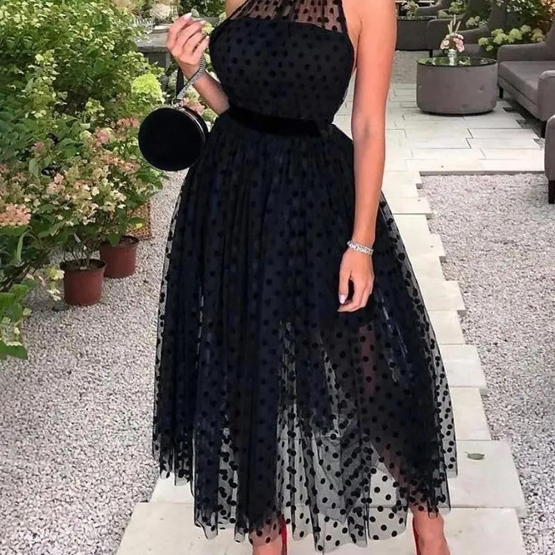European & American Elegant Black Polka Dot Swing Dress