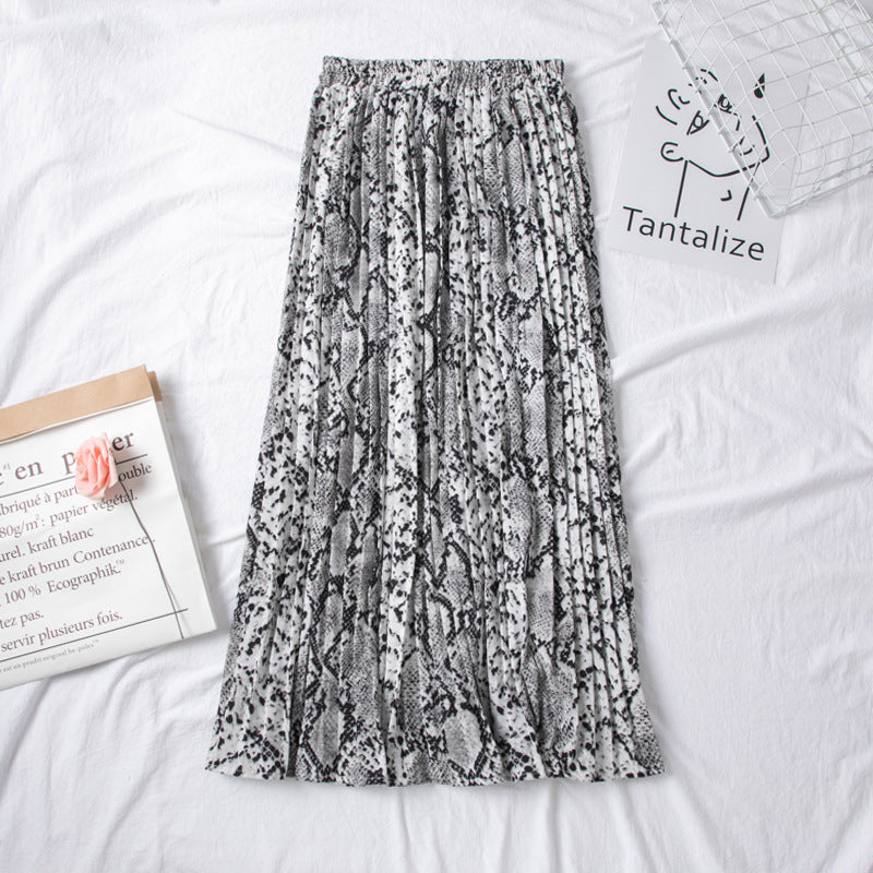 Slimming High-Waist Snake Print Pleated Skirt