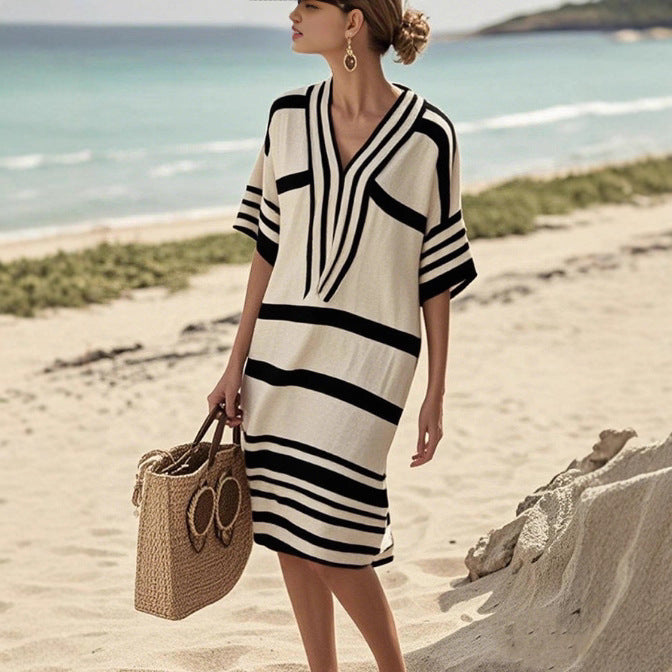 Digital Printing Striped V-Neck Dress