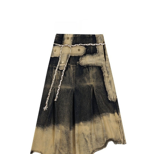 Distressed Raw-Edge Denim Skirt