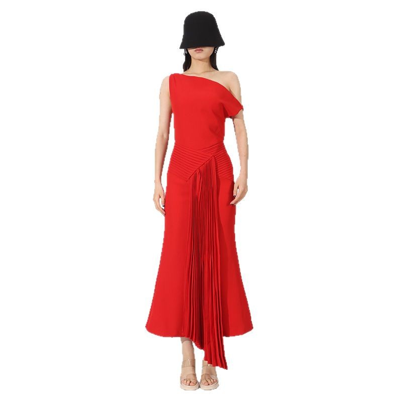 Summer New Shoulder Pleated Irregular Dinner Dress Women