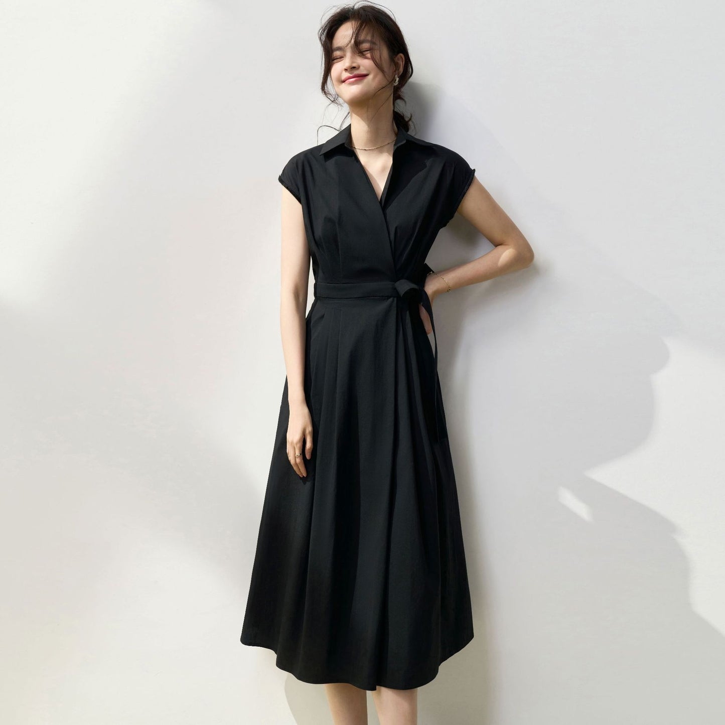 Symmetrical Pleated Vertical Cut Cinched Tie Slim-fit Cotton Shirt Dress