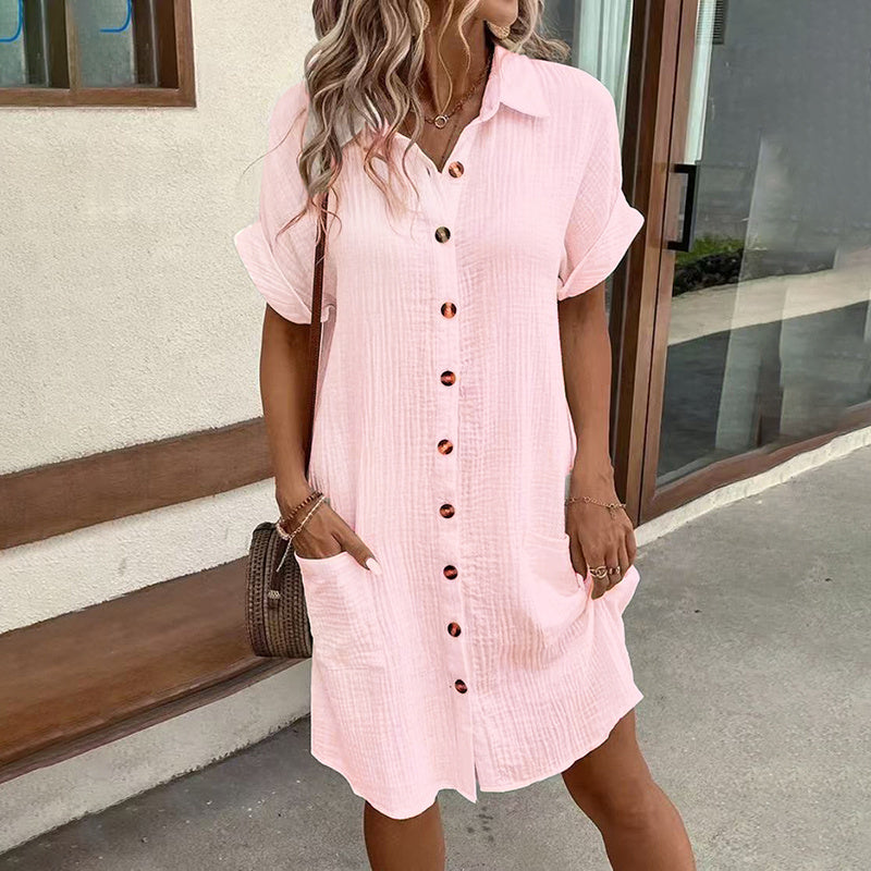 Short-Sleeve Tunic Shirt Dress With Pockets - US Only