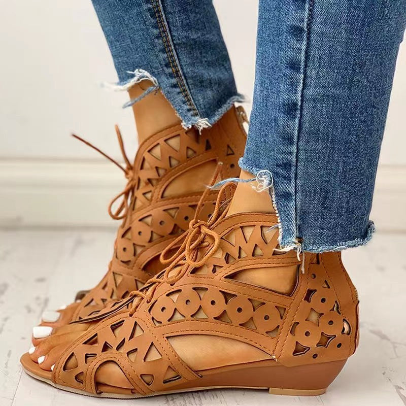 Low-Heel Lace-Up Fashion Cutout Sandals For Women