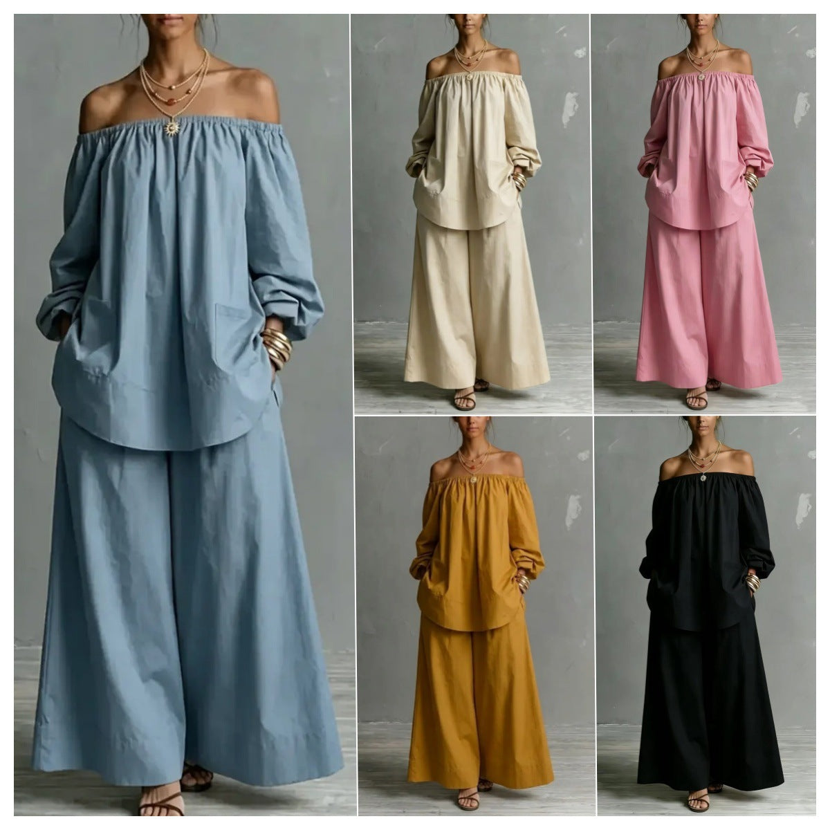 Off-shoulder Womens Cotton And Linen Wide-leg Pants Set