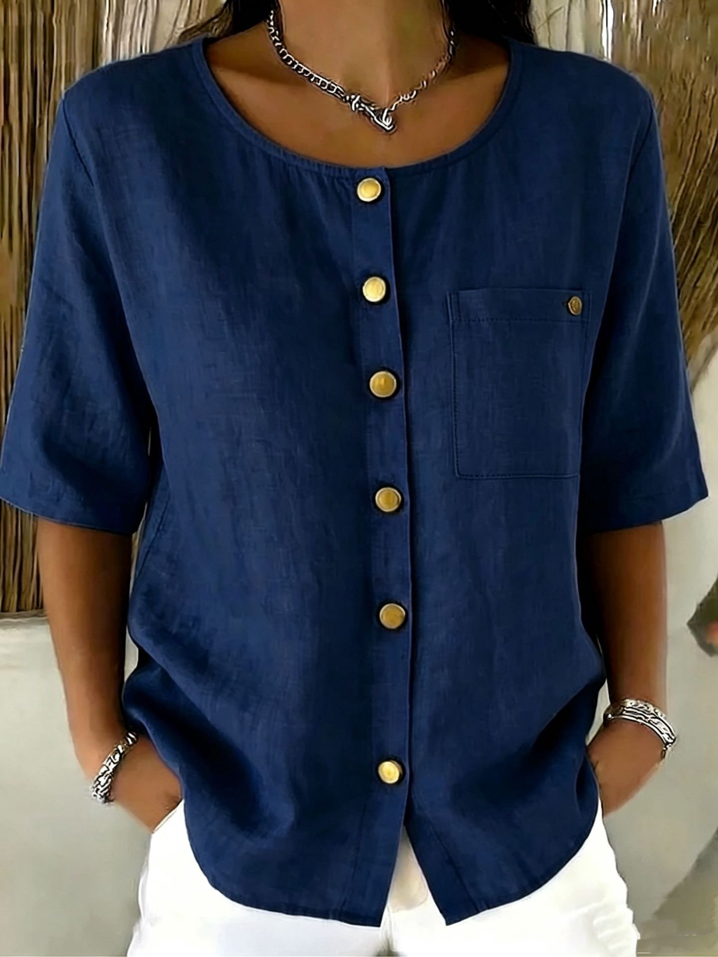 Womens Crew-Neck Shirt With Metal Buttons And Three-Quarter Sleeves