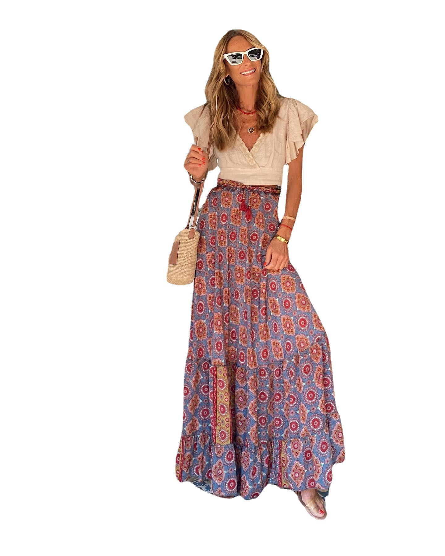 Women's Printed Long Skirt With Ruffles on the Edge