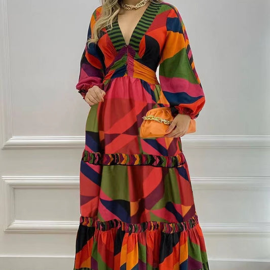 V-Neck Printed Long Dress