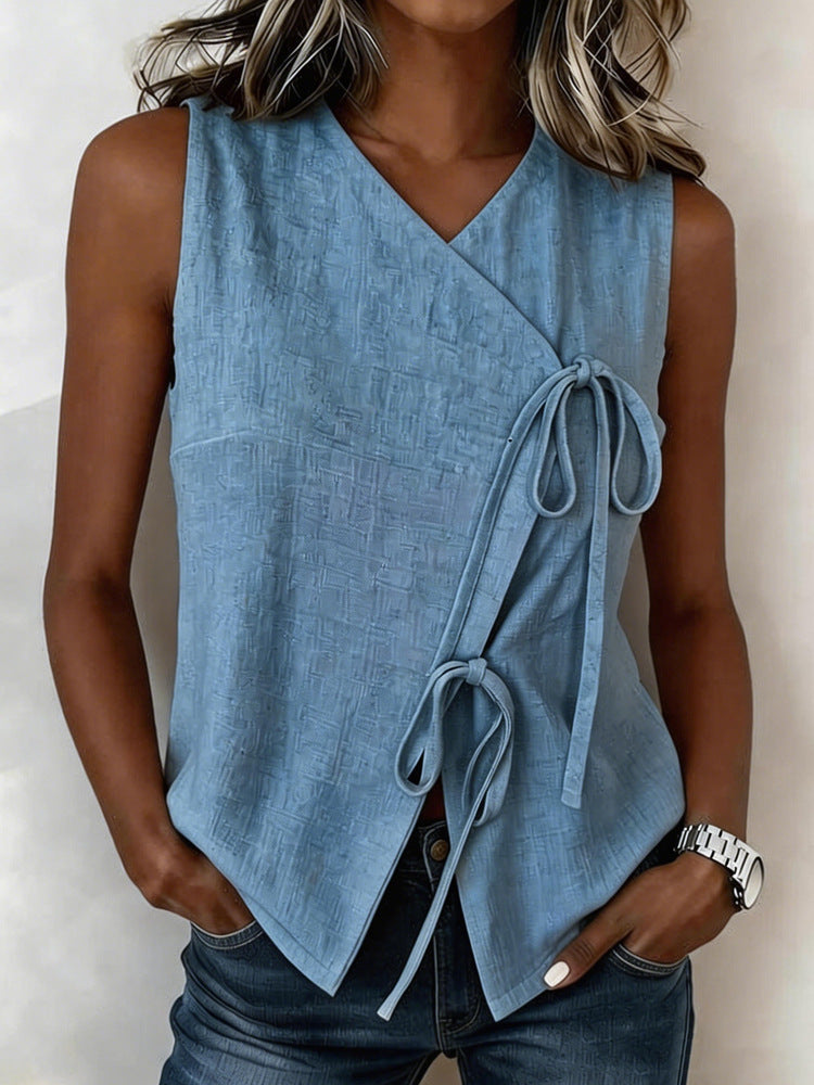Womens Bow-Tied V-Neck Top Sleeveless Tank Top