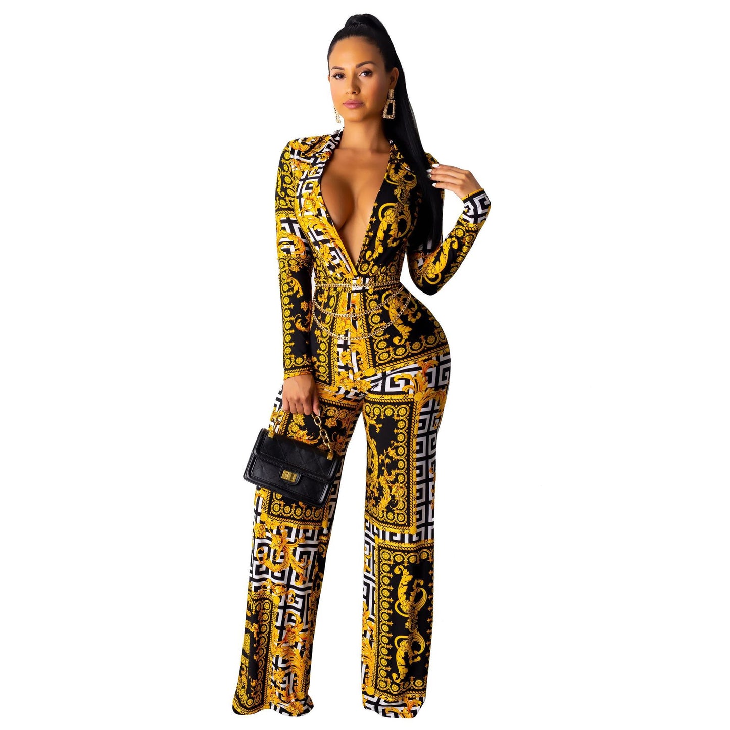 Digital Printing Long-Sleeve V-Neck Jumpsuit