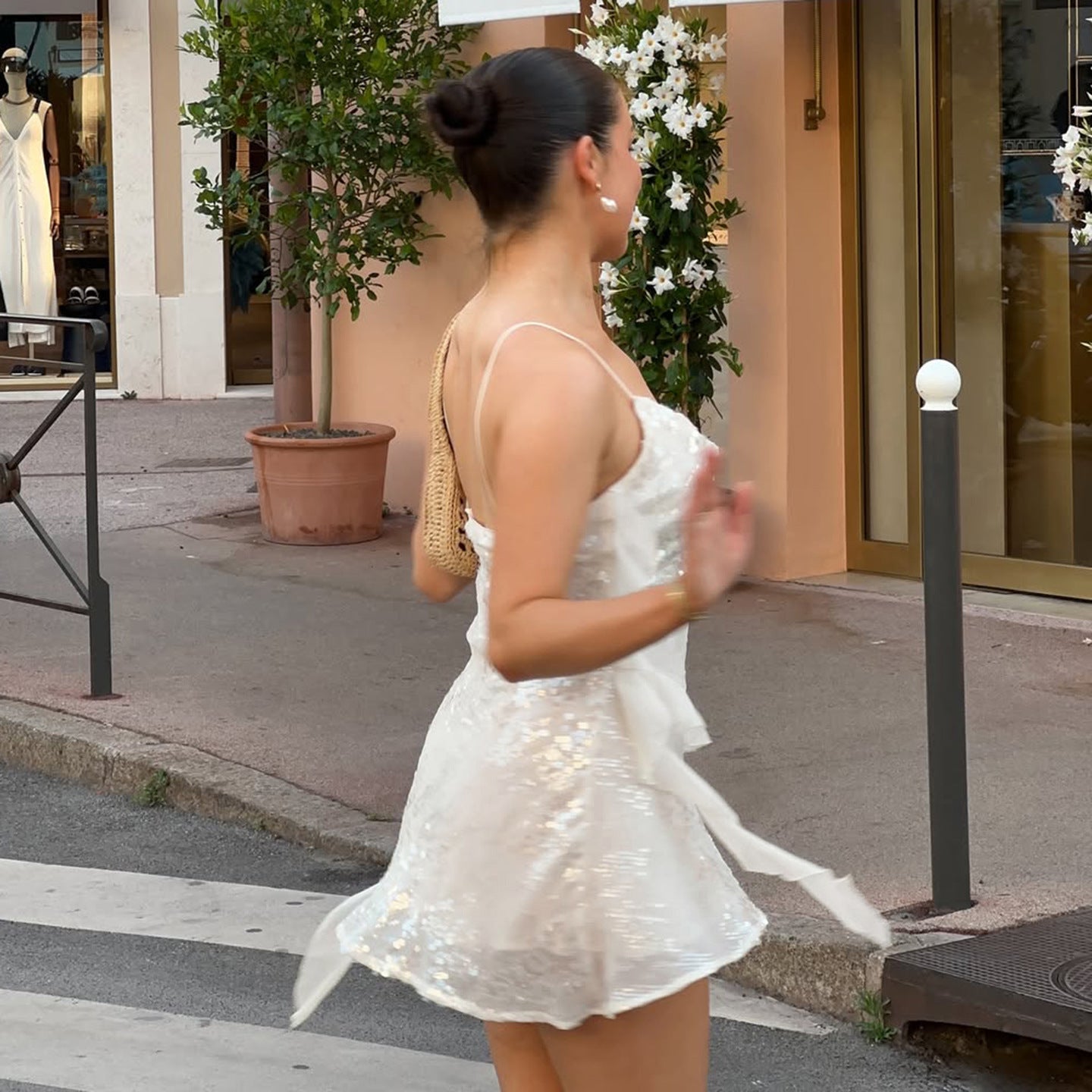 Sequin-Trimmed Irregular-Hem Pleated Dress